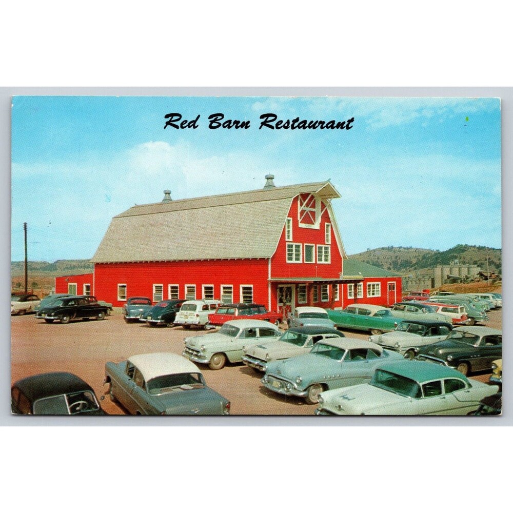Postcard South Dakota Rapid City Red Barn Restaurant Vintage Cars 1957 Posted - Picture 1 of 2